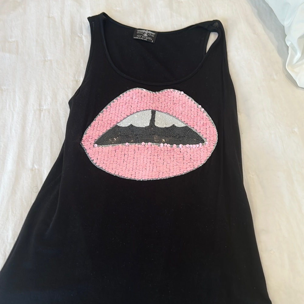 Bird and vine tank with sequin lip patch